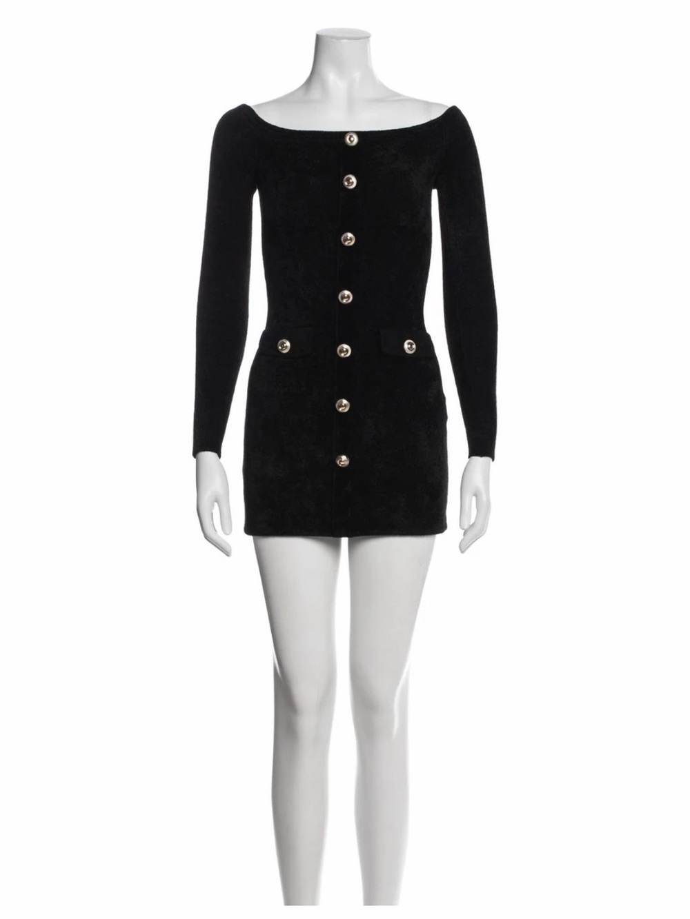 Self-Portrait Black Off-Shoulder Long-Sleeve Mini Dress with Gold Buttons